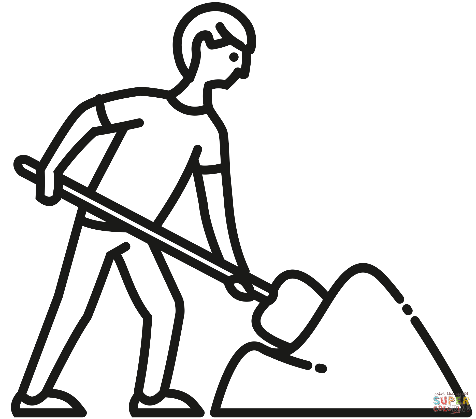 Ausmalbild: Bauarbeiterin mit Schaufel udn Sandhaufen
